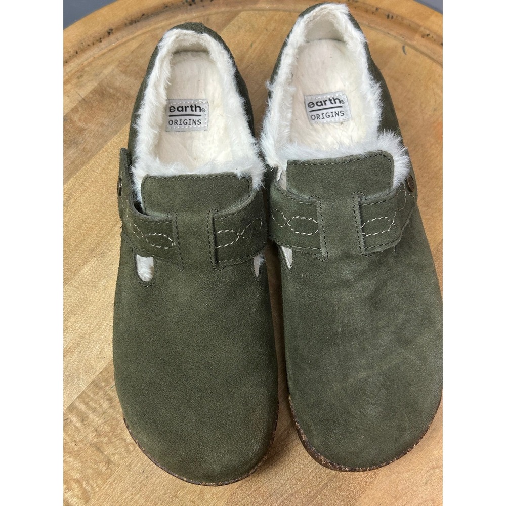 Earth Origins Aurora Jade Women 10 Olive Suede Faux Fur Lined Clogs Mules Shoes - Picture 7 of 10